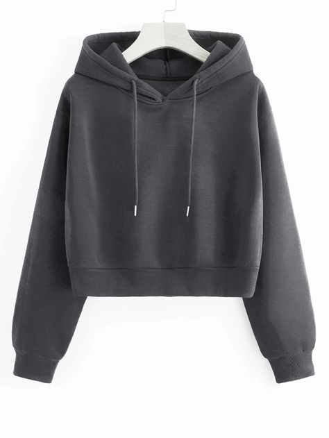 Solid Drawstring Crop Thermal Lined Hoodie | SHEIN EUR School Hoodies, Grey Cropped Hoodie, Thermal Hoodie, Women Sweatshirts, Trendy Dress Outfits, Lined Hoodie, Green Style, Dusty Purple, Crop Hoodie