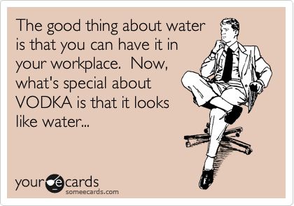 The good thing about water is that you can have it in your workplace. Now, what's special about VODKA is that it looks like water... Hate Work, It's Monday, Clipuri Video, E Card, Work Humor, Ecards Funny, Someecards, How I Feel, Bones Funny