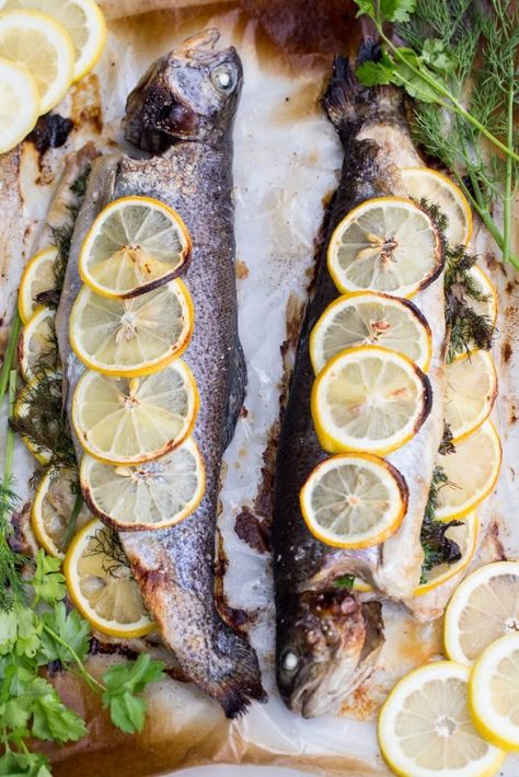 Lemon-herb Baked Trout Recipe - Momsdish Baked Trout Recipes, Rainbow Trout Recipe Baked, Whole Trout Recipes, Lake Trout Recipes, Brown Sugar Glazed Salmon, Baked Trout, Trout Recipe, Salmon Glaze Recipes, Trout Recipes