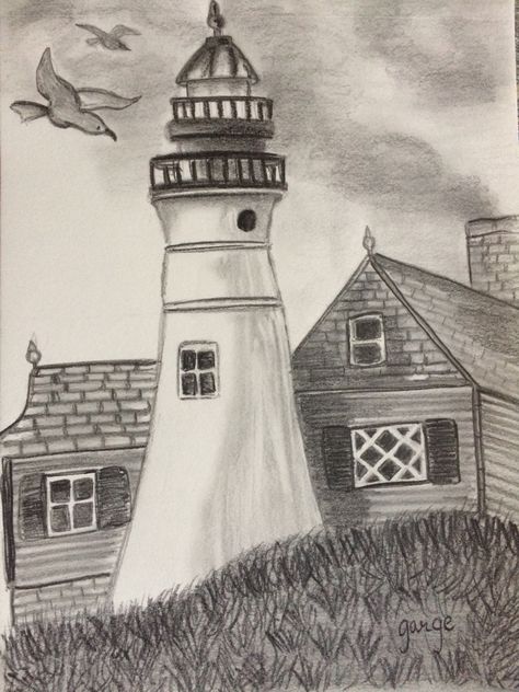 Light House Sketches Pencil, Light House Drawing Easy, Scenery Sketches Pencil, Light House Sketch, Pencil House Drawing, Light House Drawing Sketches, House Pencil Sketch, House Pencil Drawing, Lighthouse Drawings