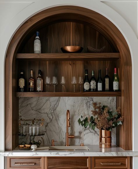 Bar Niche Built Ins, Wet Bar With Glass Shelves, Wet Bar In Bedroom, Styling Bar Shelves, Coffee Bar With Arch, Wet Bar Closet Makeover, Wet Bar Next To Fireplace, Stunning Kitchen Designs, Home Bar Built In