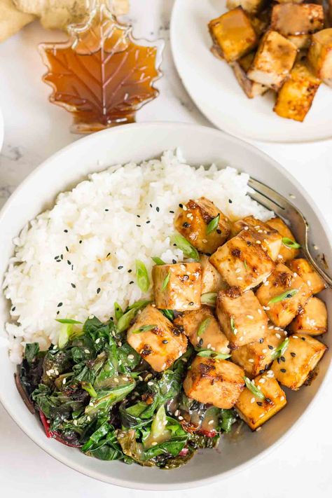 Miso Glazed Tofu - white miso paste gives this tofu an amazing savory flavor. This delicious Miso Maple Tofu is ready in under 30 minutes. The marinade is also used for the sauce that is amazing drizzled over the crispy tofu and over veggies. This recipe has air fryer and oven instructions, plus tips for how to make this a complete dinner. A great meatless dinner idea! Be sure to SAVE this easy vegan tofu recipe. Tofu Miso Ramen, Miso Tofu Recipe, Maple Tofu, Miso Tofu, Glazed Tofu, White Miso Paste, Glazed Ribs, Tofu Recipes Vegan, Easy Marinades