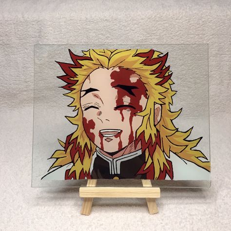 Painting On Glass Anime, Art On Glass Paint Anime, Rengoku Glass Painting, Naruto Glass Painting, Anime Painting Glass Frame, Anime Glass Painting Demon Slayer, Hand Painted Covers, Anime Canvas Painting, Anime Canvas Art