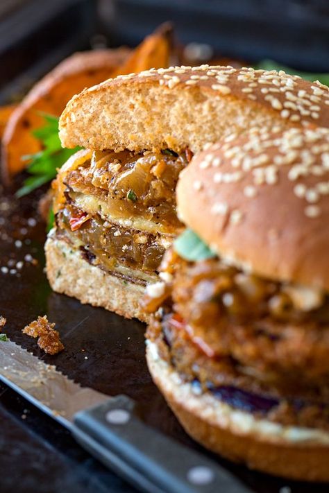 Crispy Eggplant Burger with Caramelized Onions & Tomato Jam | thecozyapron.com Burger With Caramelized Onions, Eggplant Burger, Herb Mayo, Crispy Eggplant, Eggplant Pizzas, Vegan Eggplant, Tomato Jam, Caramelized Onion, Yummy Salad Recipes