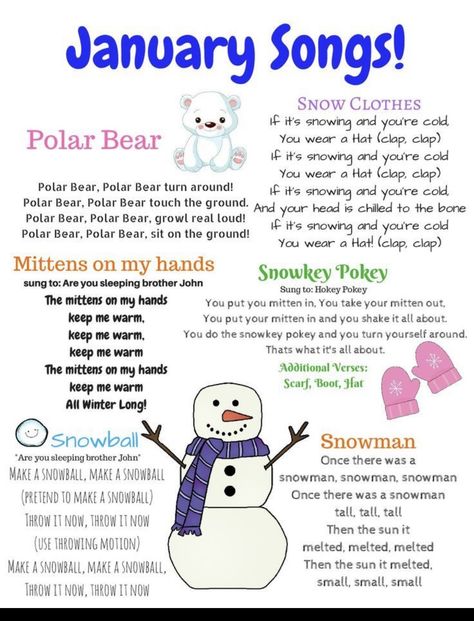 January Songs, Winter Songs For Preschool, January Preschool Themes, January Lesson Plans, Daycare Printables, Literacy Preschool, Ece Activities, Daycare Lesson Plans, Winter Lesson Plan