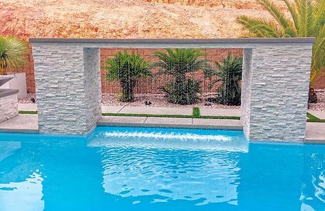 pool waterfall jumping platform Waterfall Jumping, Water Feature Ideas, Blue Haven Pools, Ideas De Piscina, Rain Curtain, Outdoor Pool Area, Rock Waterfall, Pool Water Features, Pool Cabana