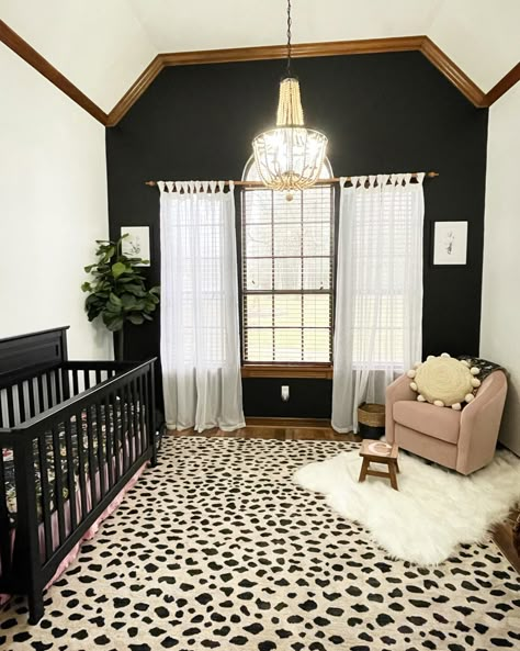 Black And White Nursery Accent Wall, Black Furniture Nursery Girl, Black Accent Nursery, Baby Girl Nursery With Black Crib, Beige And Black Nursery, High Contrast Nursery, Black Boho Nursery, Black Crib Nursery Girl, Black Floral Nursery