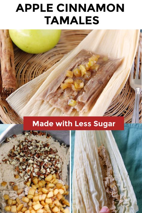 a collage of steps on how to make apple sweet tamales Mexican Sweet Tamales Recipe, Chocolate Tamales Recipe, Sweet Tamales Mexican, Fruit Tamales Recipe, Types Of Tamales, Dessert Tamales Recipe, Sweet Tamales Authentic Mexican, Fruit Tamales, Apple Tamales