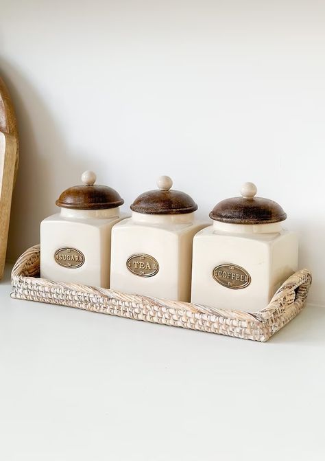 Unusual Tea Coffee Sugar Jars Cottage Country Style | Just Kitchen Canisters Tea And Coffee Canisters, Tea Coffee Sugar Jars, Tea Coffee Sugar Canisters, Sugar Storage, Coffee Container, Sugar Container, Tea Container, Coffee Jars, Coffee Storage