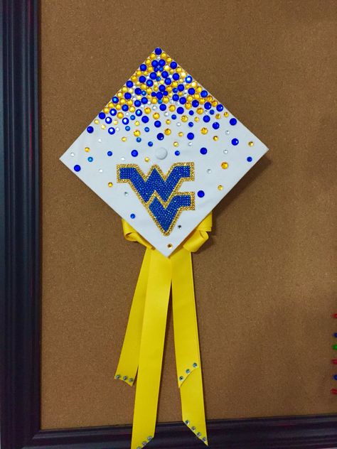 WVU grad cap Boise State Graduation Cap, Wvu Graduation Cap, University Of Delaware Graduation Cap, Uw Grad Cap, Disney Graduation Cap, Funny Graduation Caps, Son Birthday Quotes, Nursing Graduation Pictures, College Grad Cap Ideas