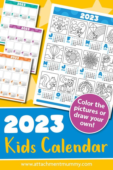 free color in 2023 calendar printable for kids with color in pictures or spaces to draw your own pictures in four colorways Kids Calendar Printable Free, 2023 Coloring Calendar, Unit Study Ideas, Summer Camp At Home, Calendar Activities, Creative Calendar, New Year Calendar, Blank Calendar Template, Coloring Calendar