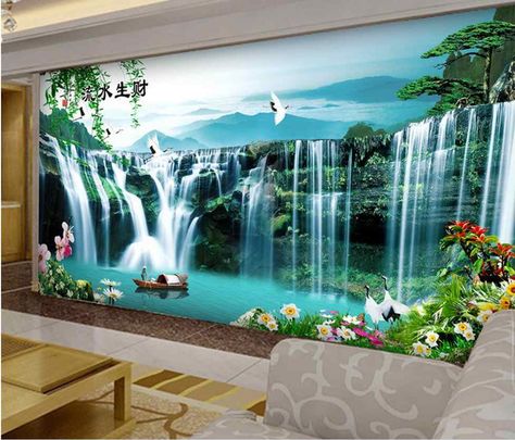 Mural Backdrop, Wave Mural, Landscape Wall Painting, Painting On Wall, Landscape Waterfall, Waterfall Painting, Wall Painting Living Room, 3d Wallpaper Living Room, Waterfall Wallpaper