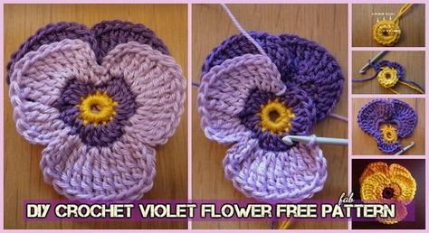 Crochet Violet, Crochet Pansy, Crochet Waffle, Crochet Waffle Stitch, Crochet Rings, Half Double Crochet Stitch, Crochet Fruit, Pansy Flower, Crochet Bouquet