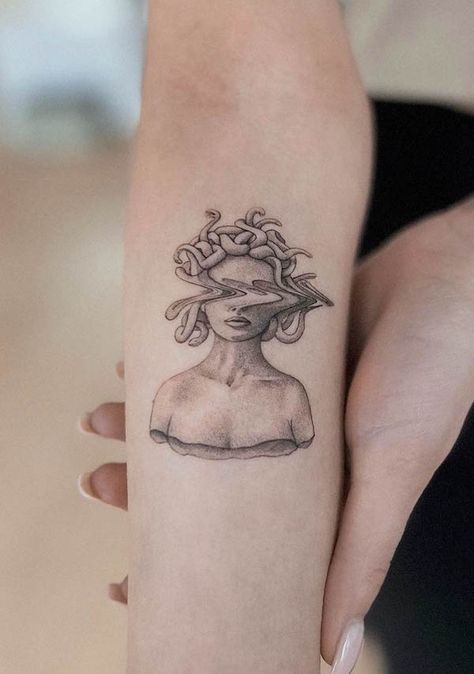 Pretty Medusa Tattoo Design For Women, Medusa Tattoo Placement, Small Fine Line Medusa Tattoo, Medusa Bust Tattoo, Modern Medusa Tattoo, Sternum Medusa Tattoo, Medusa Simple Tattoo, Cute Medusa Tattoo, Elegant Medusa Tattoo