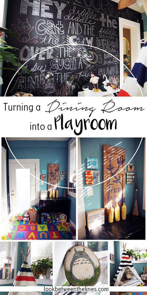 Weekend Projects: Converting Our Dining Room to a Playroom | Look Between the Lines Dining Room To Playroom, Dining Room Turned Playroom, Dining Room Converted, Playroom Diy, Dining Room Playroom, Pastel Playroom, Home Images, Small Dining Room, Small Family Room