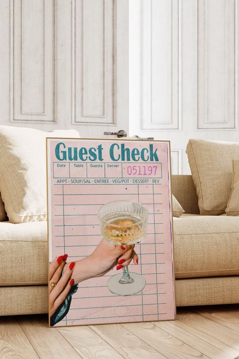 Guest Check Art Print, Guest Check Poster, Classy Bar Cart, Posters Girly, Guest Check Art, Bar Cart Inspiration, Champagne Poster, Check Poster, Guest Check Print