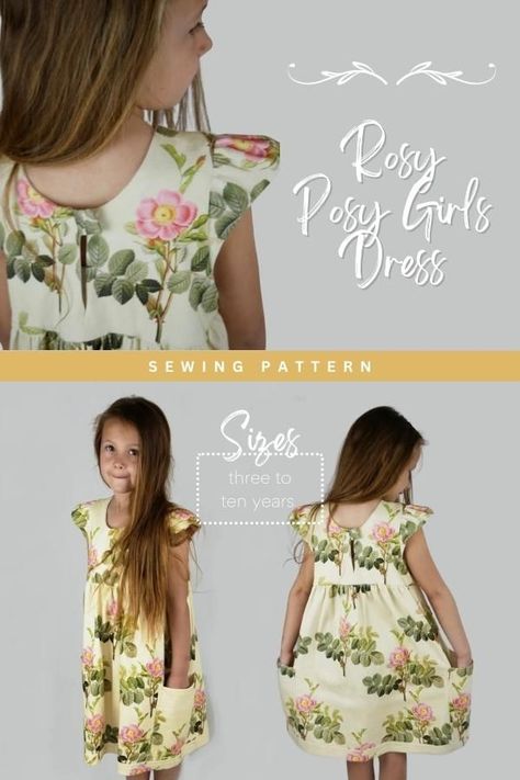 Rosy Posy Girls Dress sewing pattern (3-10 years). This is a pinafore/jumper style dress that can be worn alone or with a t shirt underneath. It's made with external seams and can be worn either way around. One side has a tab for fastening with velcro or a button. The pinafore dress pattern features large pockets at the sides and gathered cap sleeves. SewModernKids Pinafore Pattern Free, Girls Dress Pattern Free, Pinafore Dress Pattern, Tunic Dress Patterns, Rosy Posy, Girls Pinafore Dress, Pinafore Pattern, Dress Sewing Patterns Free, Girls Knitted Dress