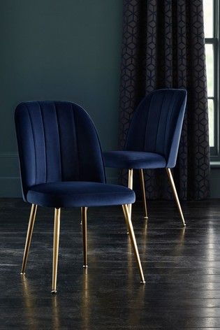 Set of 2 Stella Dining Chairs With Gold Finish Legs Dining Chair Ideas, Navy Dining Chairs, Dining Room Navy, Blue Velvet Chairs, Blue Dining Room Chairs, Blue Dining Chair, Gold Dining, Dining Room Blue, Gold Legs