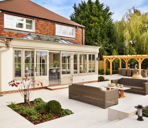 Beautiful orangery with spray-applied internal and external joinery in three coats of water-based microporous paint in Portland Stone, a cool grey shade from Westbury palette collection. Contemporary Orangery, Oak Conservatory, Orangery Extension Kitchen, Sunroom Extension, Orangery Roof, Extended Kitchen, Kitchen Orangery, Meadow Cottage, Extension Kitchen