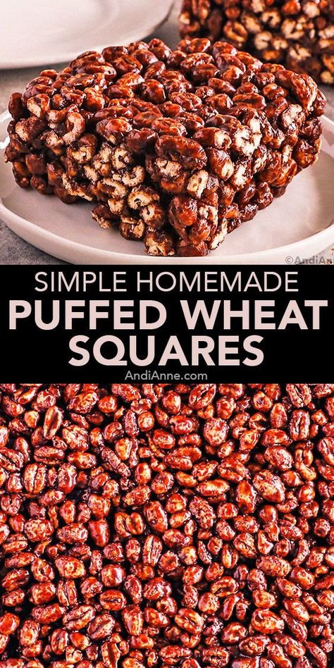 These classic puffed wheat squares start by melting butter, brown sugar, corn syrup, cocoa powder and vanilla extract in a large pot on the stove. Once it forms a melted chocolate liquid, the puffed wheat is added and mixed in. Puff Wheat Cake, Puffed Wheat Squares No Corn Syrup, Chocolate Puffed Wheat Squares, Puffed Brown Rice Recipes, Corn Syrup Recipes Desserts, Puffed Wheat Squares Gooey, Puff Wheat Squares, Puffed Wheat Cake, Daycare Recipes