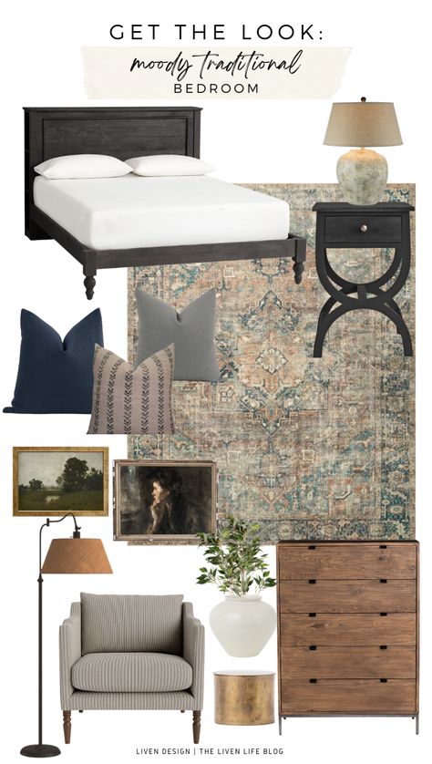 Bedroom Inspirations With Black Bed, Modern Colonial Style Master Bedrooms, Natural Moody Bedroom, Moody Vintage Master Bed, Transitional Bedroom Wood Bed, Timeless Interior Design Bedroom, Traditional Bedroom Mood Board, Black Accents Interior Design, Traditional Dark Bedroom