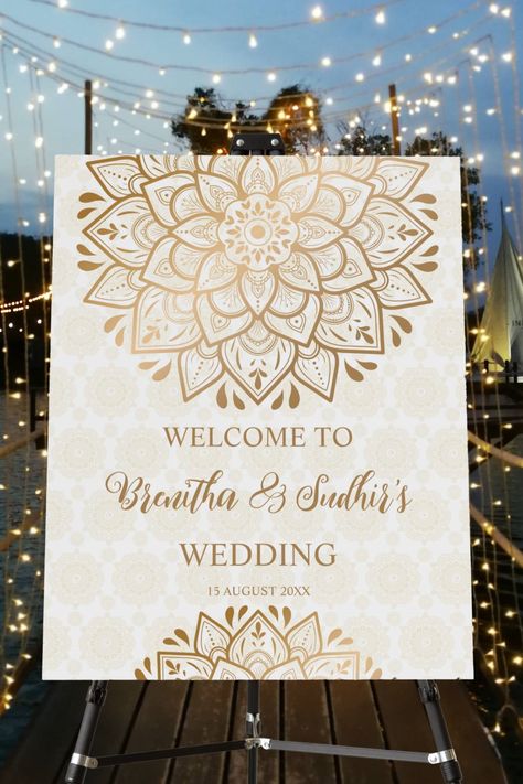 Golden mandala wedding personalized welcome sign Wedding Name Board Indian, Indian Wedding Signs, Indian Wedding Welcome Sign, Sunboard Design, Welcome Board Wedding Entrance, Indian Wedding Welcome Board, Luxe Packaging, Reception Welcome Sign, Buddhist Wedding