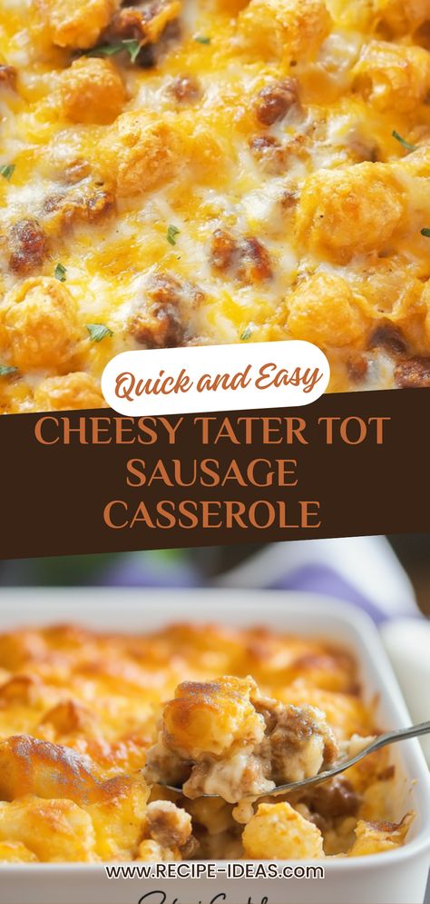 Start your day right with this Cheesy Tater Tot Sausage Breakfast Casserole, an ideal dish for both brunch and meal prep. Packed with flavor and loaded with tater tots, savory sausage, and creamy cheese, it's perfect for feeding a crowd. Get ready to enjoy a delectable breakfast storyline perfect for lazy weekends or quick reheats during busy mornings. Your family and friends will love this hearty and comforting meal. Whip it up today and make breakfast the highlight of your day! Sausage Tater Tot Casserole, Tater Tot Sausage Breakfast Casserole, Tator Tot Breakfast, Comforting Breakfast, Easy Tater Tot Casserole, Easy Tater Tots, Sausage Breakfast Casserole, Cheesy Breakfast, Tater Tot Breakfast Casserole