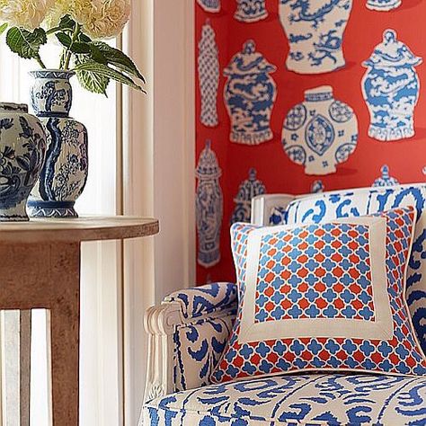 Inspiration du jour ... Is there anything more classic than red, white and blue?  It just evokes a sense of home in me.  It's safe and inciting!  I absolutely love this shot of @danagibsondesign fabric and wallpaper.  It would be such a fabulous den or sitting area.  Some comfy and inviting.  And of course, you can add tons of blue and white porcelain and that is always a perfect plan!  #inspirationdujour2015 #red #blue #classic #yesplease Modern Chinoiserie, Dana Gibson, Blue White Decor, Wall Shelf Decor, Chinoiserie Style, Chinoiserie Chic, White Rooms, Elegant Chic, Boho Home