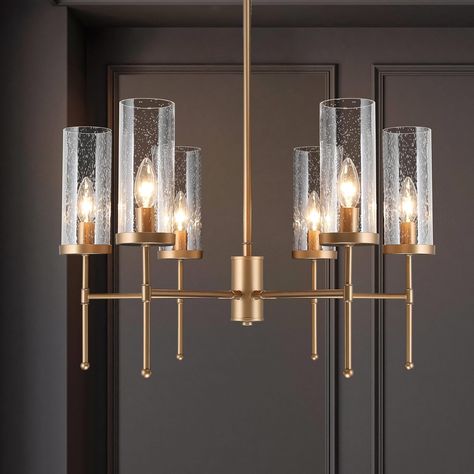 Modern Antique Gold 6-Light Seeded Glass Chandelier Transitional Wagon Wheel Candle Lights for Dining Room - D23.2'' x H90'' - Bed Bath & Beyond - 33723774 Wagon Wheel Light, Lights For Dining Room, Dining Room Chandelier Modern, Transitional Chandeliers, Mid Century Modern Lighting, Mid Century Lighting, Candle Chandelier, Glass Ceiling Lights, Contemporary Chandelier