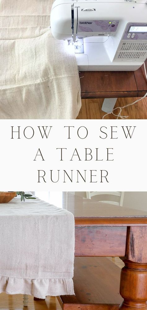 How to sew a table runner using a dropcloth. This ruffled table runner is great for beginners. Easy to make at home for your holiday table decorations. Drop cloth ruffled design. Includes a pattern that is simple to follow. Step by step directions. You can use grain sack canvas fabric too. DIY sewing project that is simple and fun. Perfect for fall, holidays like Christmas and Thanksgiving. Fits the farmhouse, cottage or french country look. Includes free table runner patterns. Sewing Projects Table Runners, Dresser Scarf Ideas Table Runners, Neutral Quilted Table Runners, Sewing Projects For Around The House, Diy Sewing Decor, Tablecloth Sewing Pattern, Diy Kitchen Sewing Projects, How To Sew Table Runner, Homemade Table Runners