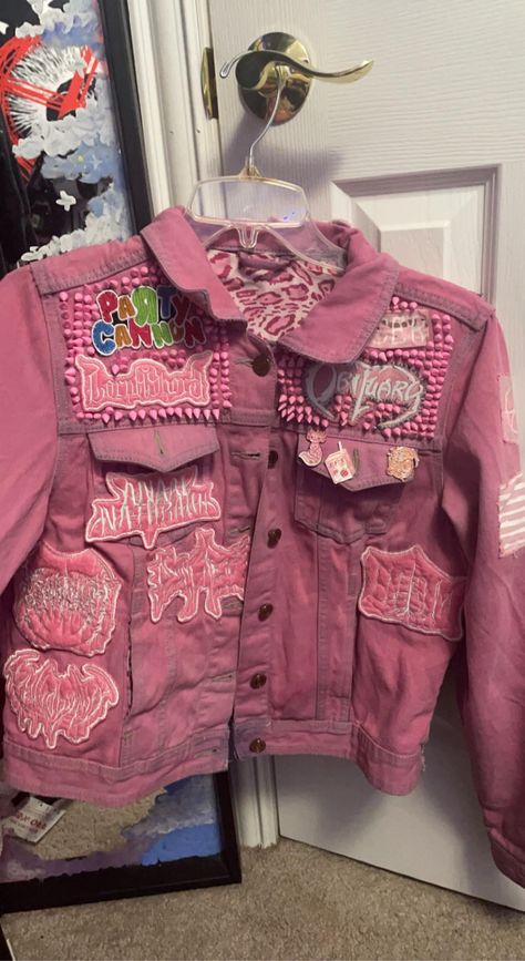 Pink Battle Vest, Pink Punk Jacket, Pink Battle Jacket, Patch Jacket Punk, Crust Jacket, Barbie Runway, Pink Alternative Fashion, Denim Jacket Diy Paint, Kawaii Jacket