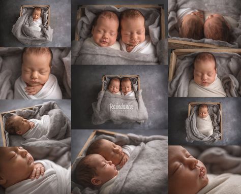 Newborn photography of twin boys posed in bucket prop.  Grey wrap and backdrop.  One set, multiple angles. Twin Boy Newborn Photography, Newborn Twin Photos, Twin Newborn, Twin Photography, Boy Photo Shoot, Twin Photos, North Bay, Newborn Twins, Photography Home