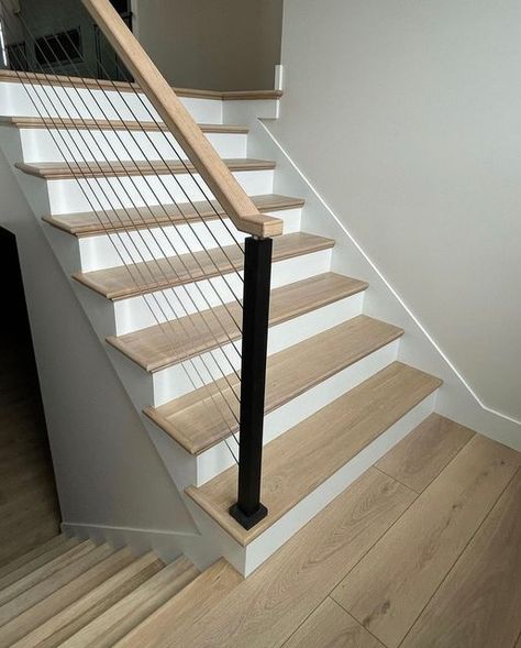 Stairs Vinyl Flooring, Oak Stair Treads White Risers, Vinyl Flooring Stair Transition, Dark Stair Treads Light Floors, Laminate Stairs With White Risers, Vynil Stairs Ideas, Stair Transition Ideas, Lvp Stairs With White Risers, Ravenswood Oak Coretec