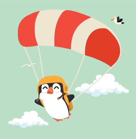 penguin with parachute on sky Parachute Illustration, Penguin Illustration, Vector Portrait, Watercolor Illustration, Design Style, Penguins, Vector Free, Royalty Free, Clip Art