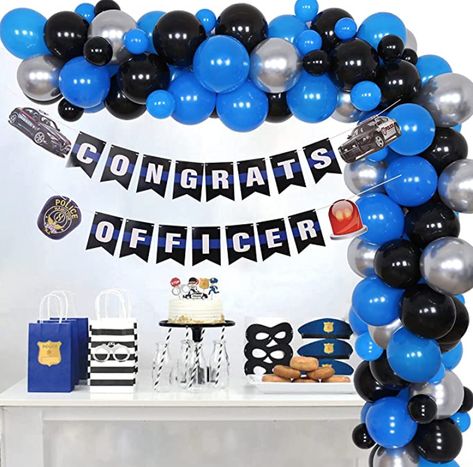 Police Car Themed Birthday Party, Police Balloon Garland, Police Balloon Arch, Police Retirement Party Ideas Centerpieces, Police Retirement Centerpiece Ideas, Police Sergeant Promotion Party, Police Centerpiece Ideas, Police Party Balloons, Police Party Favors