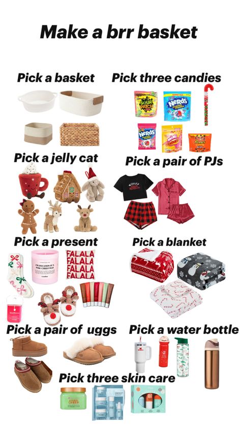 Make your own Christmas brr basket Red Christmas Basket Gift Ideas, Boo Basket But For Christmas, Berr Basket Christmas, Br Basket Ideas, Make A Brr Basket, Christmas Gifts For Brother Diy, Jingle Baskets For Kids, Make A Christmas Basket, Brother Gift Ideas Christmas