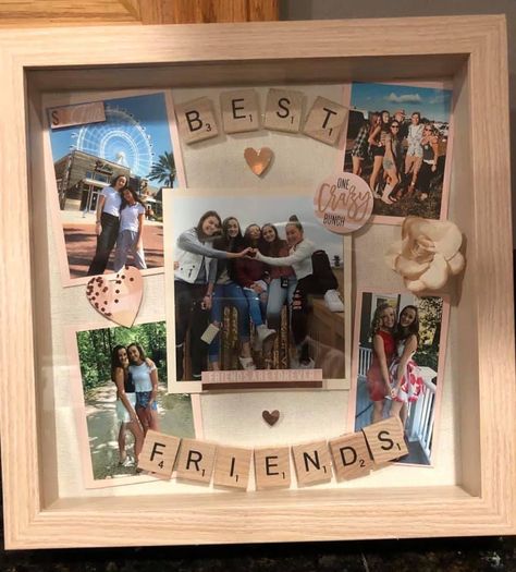 Shadow box friend idea, scrabble pieces, art, gift, craft, shadowbox, memory box Friend Frame, Friends Frame, Best Friend Picture Frames, Shadow Box Gifts, Aunt Birthday Gift, Friends Picture Frame, Scrabble Art, Birthday Gifts For Brother, Diy Birthday Gifts For Friends