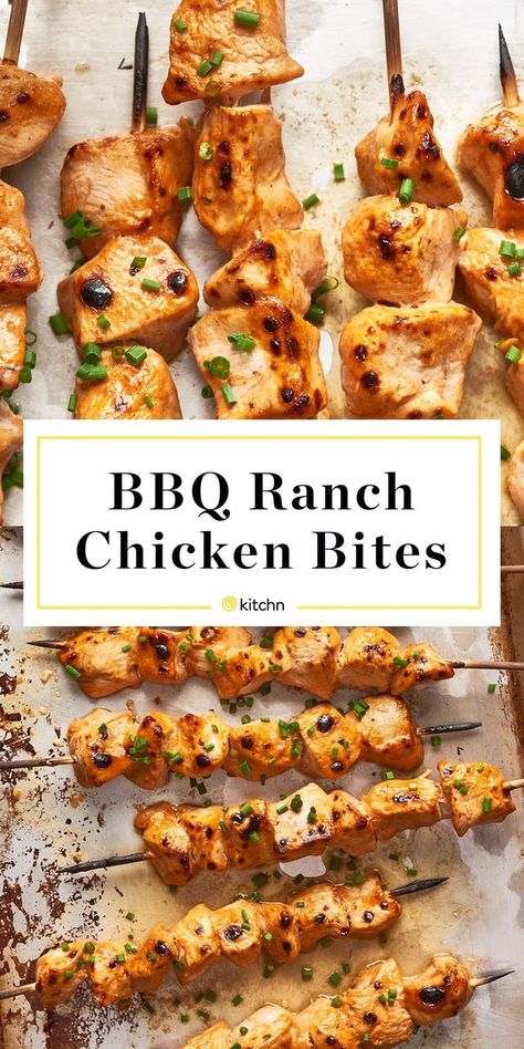 Recipe: BBQ Ranch Chicken Bites. When creamy ranch dressing and tangy BBQ sauce join forces, you end up with the perfect marinade (and dipping sauce) for boneless, skinless chicken breasts. This isn't a new concept — we're simply passing along a good idea and making it even better. You'll need BBQ sauce, ranch dressing, chicken breasts, and fresh chives. Ranch Chicken Bites, Easy Summer Grilling Recipes, Chicken Bites Recipes, Bbq Chicken Breast, Tangy Bbq Sauce, Bites Recipes, Baked Bbq Chicken, Summer Grilling Recipes, Chicken Kebabs