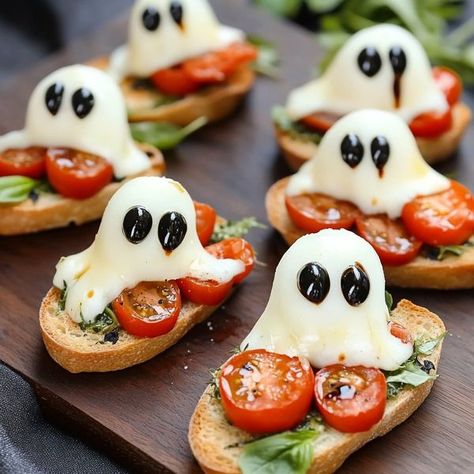 October Meals, Christmas Song Trivia, Ghost Eyes, Festive Appetizers, Easy Halloween Food, French Baguette, Black Olives, Basil Pesto, Halloween Food