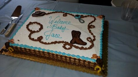 Western theme baby shower cake - Cake baked by Hy-Vee West in Mason City, IA. I just love the extra details they added, especially the little hats and horse shoes on the fence. First Rodeo Birthday Sheet Cake, Western Sheet Cake Ideas, Rodeo Sheet Cake, Western Baby Shower Cake, Cowboy Baby Shower Cake, Western Baby Shower Cake For Boys, Western Theme Sheet Cake, Cowboy Theme Sheet Cake, Cowboy Birthday Party Decorations