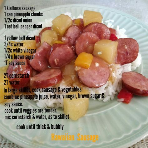 Hawaiian sausage Hawaiian Sausage And Pineapple, Keilbasa Sausage Recipes, Sausage Over Rice, Brat Sausage, 3 Ingredient Dinners, Chicken Sausage Recipes, Sausage Rice, Dinners Easy, Kielbasa Sausage