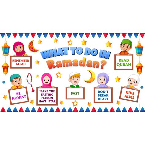 Ramadan board. What should kids do in Ramadan? Ramadan decor. Islamic Wall Art Welcome Ramadan Decoration, Ramadan Activities For Kids, Ramadan Board, Board Ideas For School, Welcome Ramadan, Ramadan Banner, Ramadan Quran, English Project, English Projects