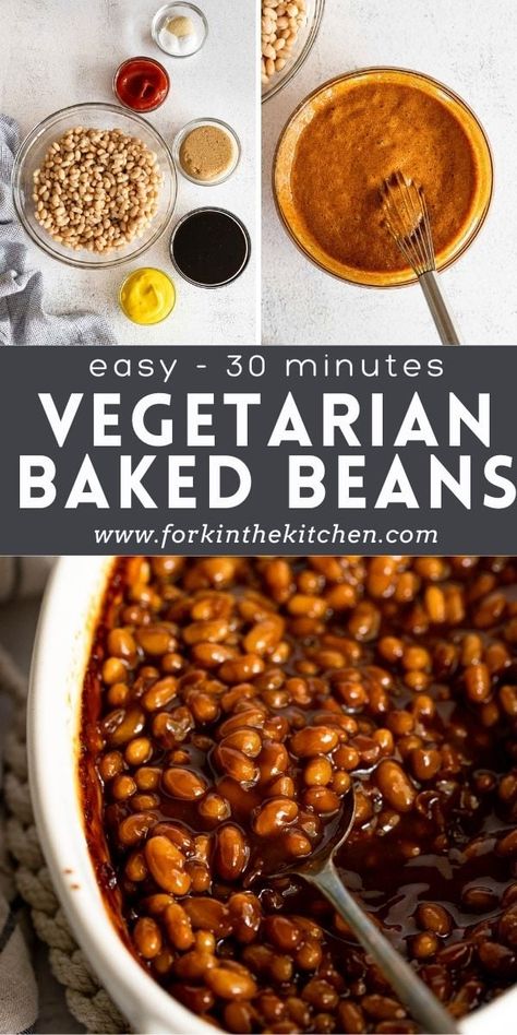 These quick and easy Vegetarian Baked Beans are sweet, tangy, stick-to-your-ribs baked beans made with simple ingredients in just 30 minutes. This recipe uses canned beans so there's no soaking required. Vegetarian Baked Beans Recipe Easy, Veggie Baked Beans, Healthier Baked Beans, Baked Bean Recipes Easy, Vegan Baked Beans Recipe, Baked Beans No Meat, Baked Bean Meal Ideas, How To Make Baked Beans, Baked Beans Recipe From Canned Beans