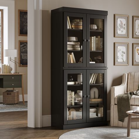 Glass Door Bookcase Black, Modern Farmhouse Hutch, Glass Door Bookcase, Bookcase Makeover, Solid Wood Bookcase, Bookshelf Bed, Bookcase With Glass Doors, Black Bookcase, Library Bookcase