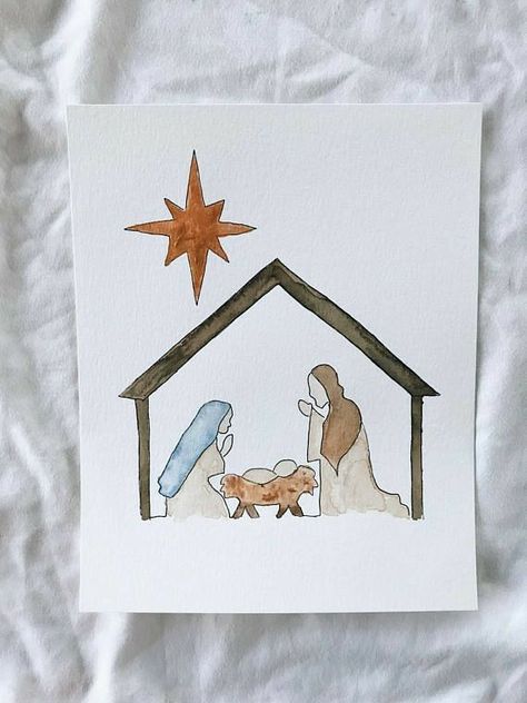 Nativity Painting, Painted Christmas Cards, Christmas Cards Kids, Christmas Doodles, Christmas Card Art, Watercolor Christmas Cards, Christmas Nativity Scene, Diy Christmas Cards, Watercolor Christmas