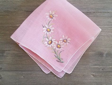 Handkerchief Embroidery, Painted Daisies, Painted Daisy, Ladies Handkerchiefs, Convention Gifts, Hand Beaded Embroidery, Crochet Cord, Hand Painted Fabric, Daisy Painting