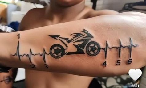 Sports Bike Tattoo, Motorcycle Heartbeat Tattoo, Bike Tattoo Ideas Motorcycles, Tatoos Motorcycle Tattoo Ideas, Car Related Tattoos For Men, Moto Tattoo Ideas, Biker Tattoos For Men, Motorcycle Tattoos For Men, Motorbike Tattoo Ideas