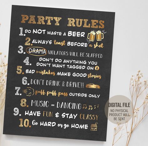 "Printable Birthday Decorations, Cheers and Beers Funny Party Rules Sign NOTICE: This listing is for an INSTANT DOWNLOAD. No physical product will be delivered. The digital file will be instantly available to download after your payment is received. Order is for digital file only and does not include printing, framing or accessories. ★You can print the file at your local print shop (Staples, Office Max, Costco, FedEx Kinkos, Walgreens) or upload the file to an online printer. Because of the larg Beer And Cheers Decorations, Birthday Party Decorations 40th, Party Rules Sign, Party Rules Poster Drinking, Cheers Beers And 30 Years, Cheers And Beers To 30 Years Party, 30th Beer Birthday Party, 40th Birthday Beer Theme, Cheers And Beers Party Food