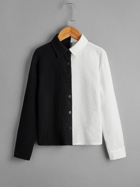 Black and White Casual  Long Sleeve Cotton Colorblock Shirt  Non-Stretch Spring/Fall Girls Clothing Two Tone Button Up Shirt, 2 Tone Shirt, Half Black Half White Shirt, Black And White Button Up Shirt Outfit, Sis Photoshoot, Gig Outfits, Black And White Clothes, Unisex Clothing Fashion, Two Tone Shirt