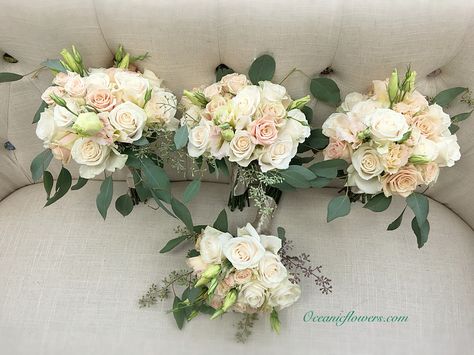 Nude rustic bridesmaid bouquets using peach Sahara, vendella, and Tibet roses and white Lisianthus with eucalyptus seeds Lisianthus Bouquet, White Lisianthus, Rustic Bridesmaids, Bridesmaid Bouquets, Blush Rose, Blush Roses, Bridesmaid Bouquet, Tibet, Wedding Stuff